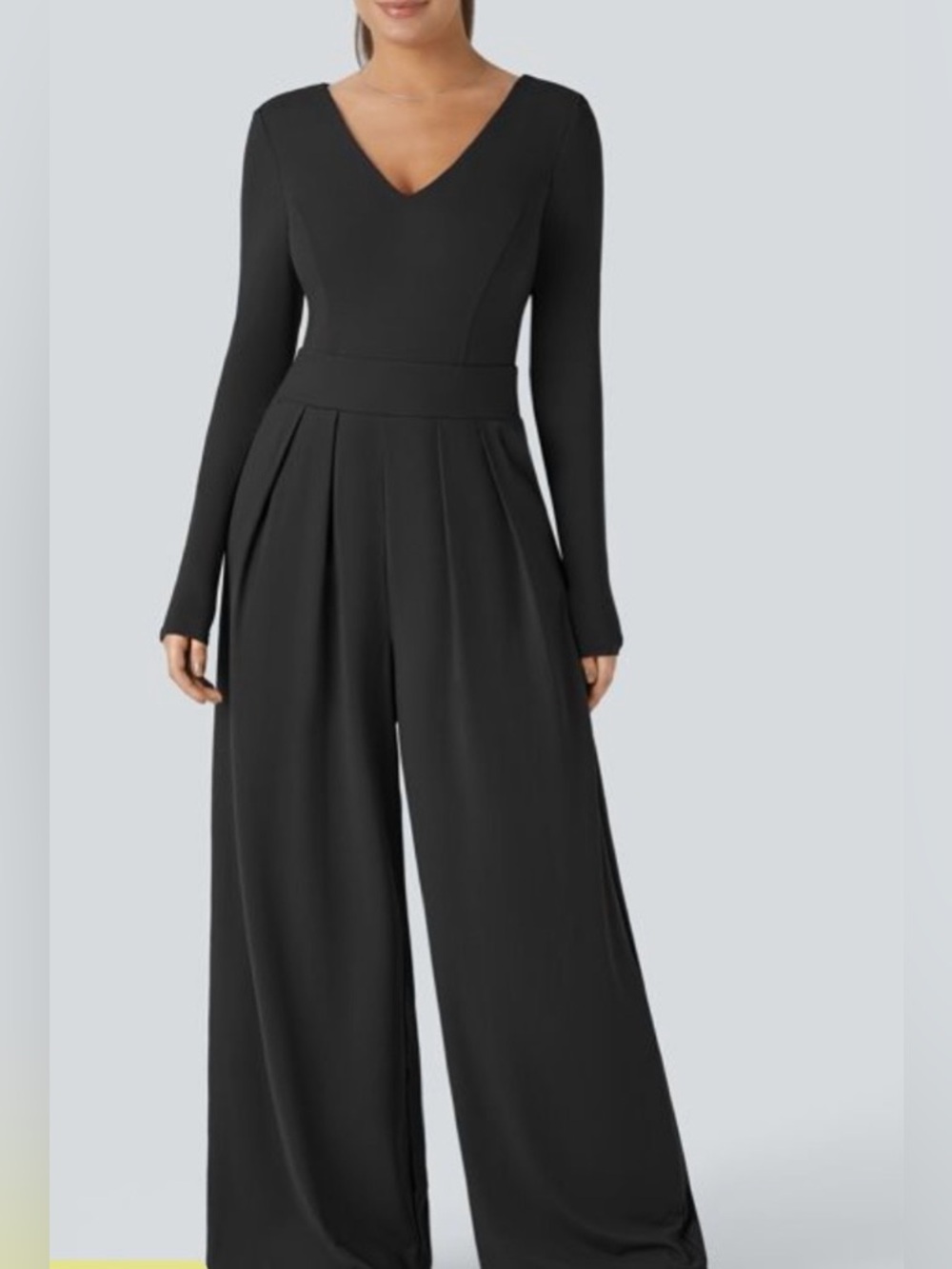 Halara V Neck Black Long Sleeve Wide-Leg Jumpsuit Size S